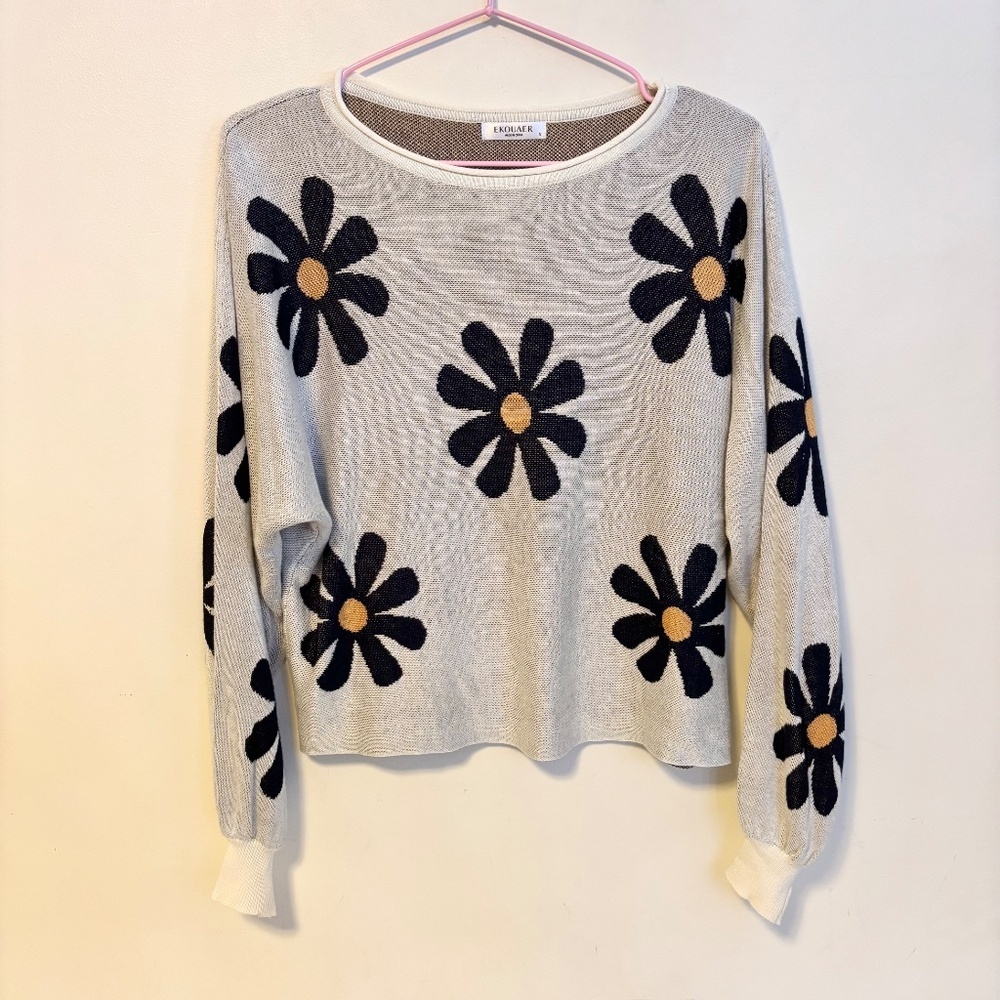 Ekouaer Knit Matching Pajama Lounge Set Long Sleeve Top Shorts Cream Floral S - Picture 3 of 5